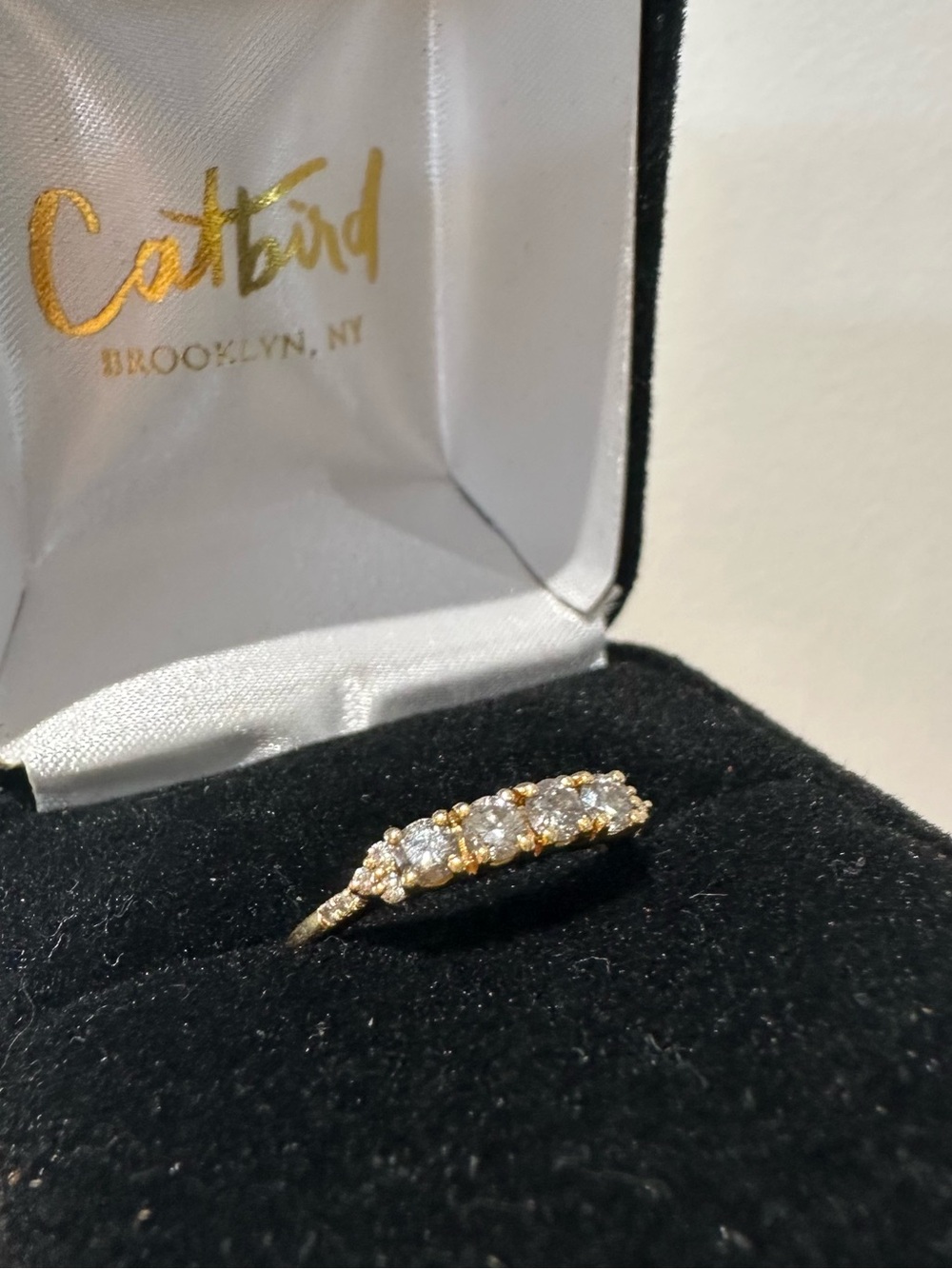 Catbird Solid 18K Yellow Gold Salt & Pepper Diamonds Bar Vintage Dainty Ring